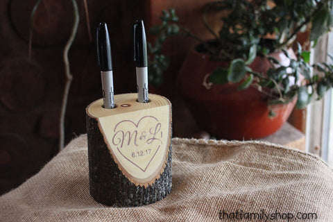 Custom Names and Date Rustic Pen Holder for Wedding Table Guest Book-thatfamilyshop.com