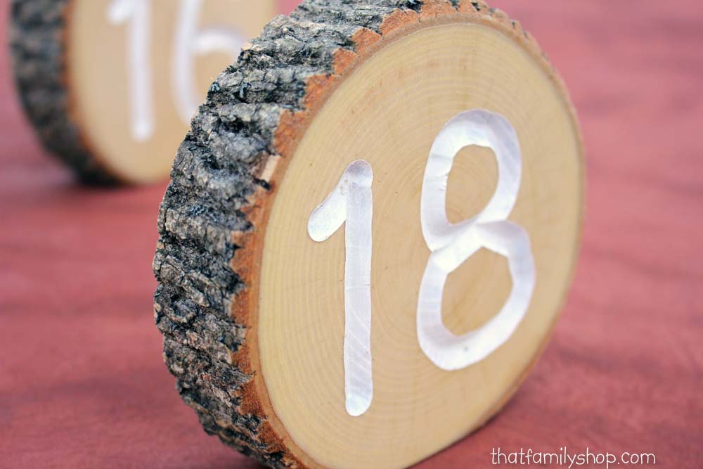 White Engraved Table Number Log Slices, Rustic Wood Bark Country Wedding Decor-thatfamilyshop.com