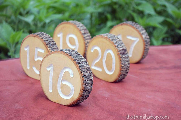 White Engraved Table Number Log Slices, Rustic Wood Bark Country Wedding Decor-thatfamilyshop.com