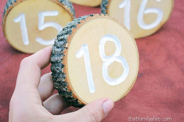 White Engraved Table Number Log Slices, Rustic Wood Bark Country Wedding Decor-thatfamilyshop.com