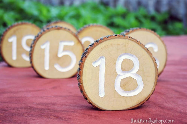 White Engraved Table Number Log Slices, Rustic Wood Bark Country Wedding Decor-thatfamilyshop.com