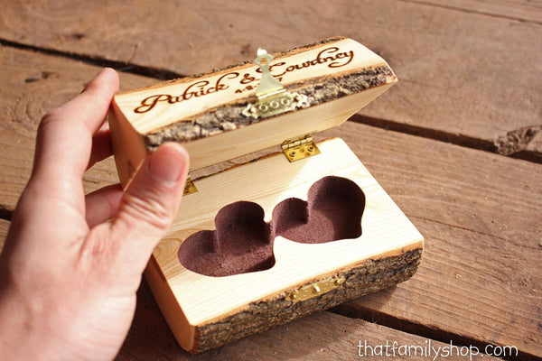 Log Jewelry Box with Personalized Hinged Lid, Pair of Hearts for Ring Ceremony, Jewelry-thatfamilyshop.com