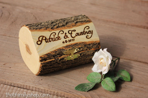 Log Jewelry Box with Personalized Hinged Lid, Pair of Hearts for Ring Ceremony, Jewelry-thatfamilyshop.com