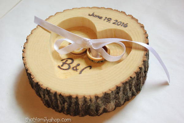 Real Bark Log Ring Pillow Alternative Personalized Name, Date Wedding Decor-thatfamilyshop.com
