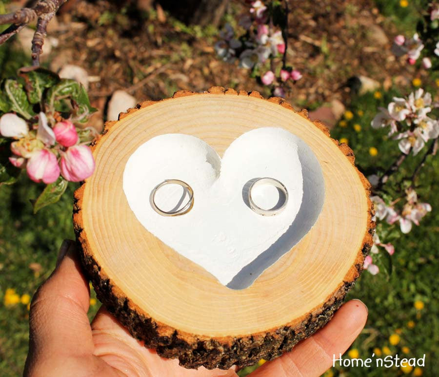 Rustic Wedding Ring Bearer Pillow Log Ring Dish Engraved Heart ...