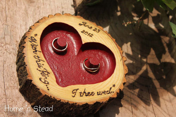 CHOOSE YOUR OWN Color and Lettering Rustic Wedding Ring "Pillow" Log Ring Dish Engraved Heart-thatfamilyshop.com