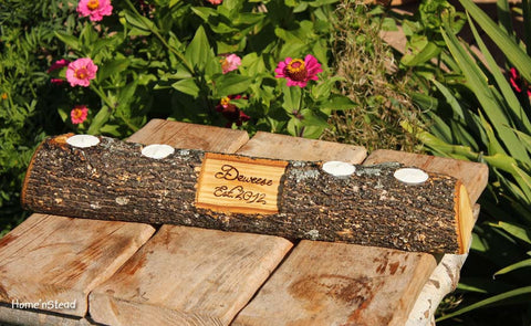 Rustic Log Holder Custom Names Centerpiece 20 Inch 4 Candle Rustic Wedding Cabin Decor Table Piece Slab Ash Wood-thatfamilyshop.com
