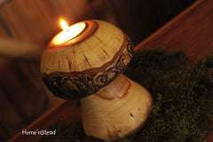 Log Mushroom Candle Rustic Holiday Table Decor Tea Light Holder Natural Waldorf