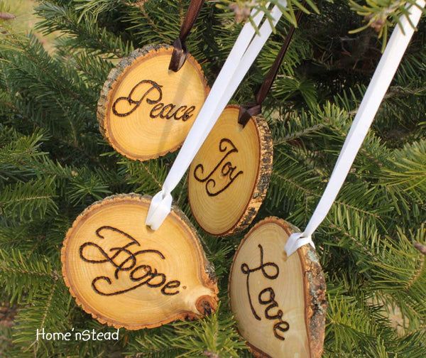 Rustic Country Christmas Ornament Set of 4 Hope, Love, Peace, Joy Primitive Holiday Home Decor Tree-thatfamilyshop.com