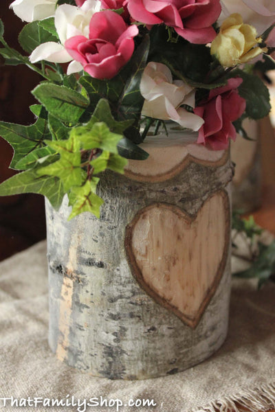 Rustic Wedding Log Flower Vase With YOUR Names/date Personalized into Debarked Hearts-thatfamilyshop.com