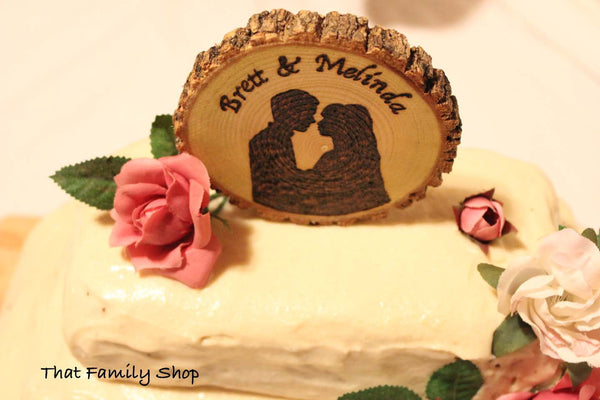 Woodburned Silhouette Wedding Cake Topper Custom Names Date Rustic-thatfamilyshop.com
