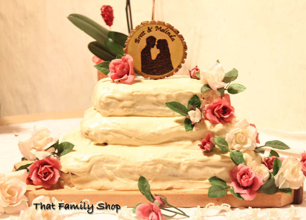 Woodburned Silhouette Wedding Cake Topper Custom Names Date Rustic-thatfamilyshop.com
