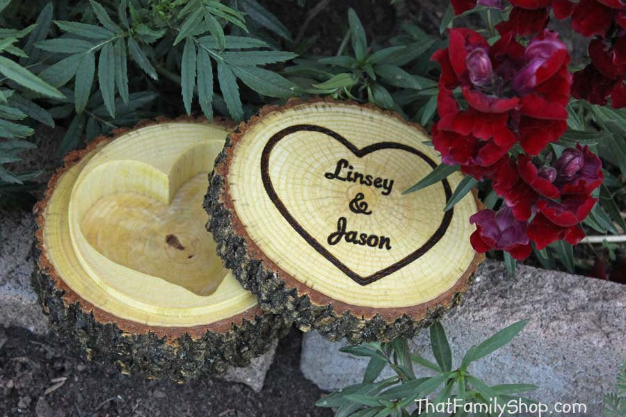Rustic Jewelry Box Log with Hollowed Heart, Ring Bearer Pillow Dish with Lid Custom Personalization-thatfamilyshop.com