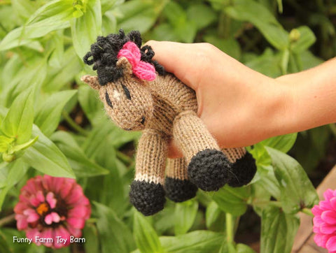 Lilly: Mini Pony, Filly Pink Bow Stuffed Animal Knitted Horse Filly Natural Waldorf Toy-thatfamilyshop.com