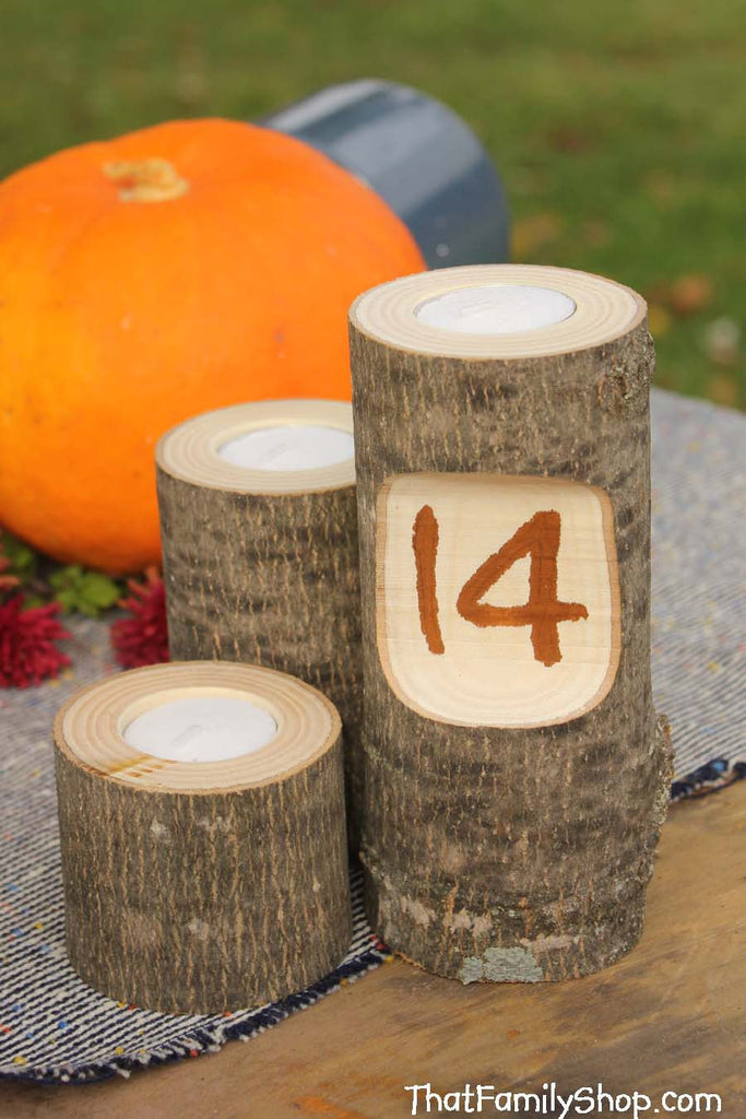 Rustic Candle Numbers Table Number Log Candles Rustic Wedding / Cabin Decor Table Center Pie ...
