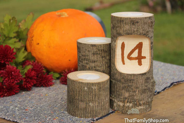 Table Number Log Candles Rustic Wedding / Cabin Decor Table Center Piece Primitive Home-thatfamilyshop.com