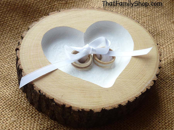 Recessed Heart Ring Bearer Pillow with Ribbon Tie-Down, Rustic Log Ring Dish Wedding Engraved-thatfamilyshop.com