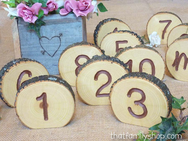 Engraved Table Number Log Slices, Rustic Wood Bark Country Wedding Decor-thatfamilyshop.com