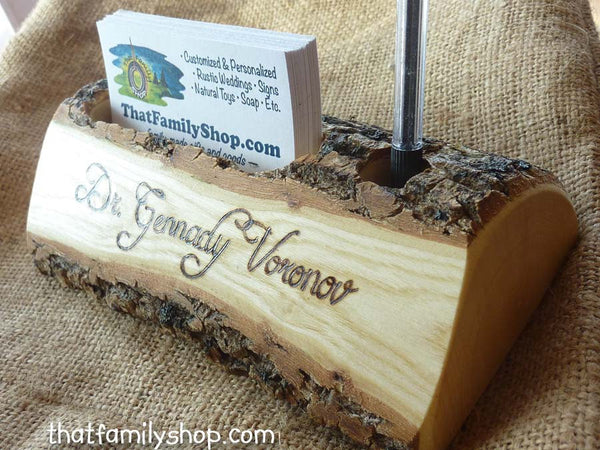 Rustic Business Card and Pen Holder with Custom Names, Initials, Personalized Office Desk Decor-thatfamilyshop.com