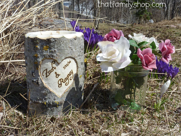 Personalized Mason Jar Holder Log Rustic Wedding Flower Vase with YOUR Names/Date-thatfamilyshop.com
