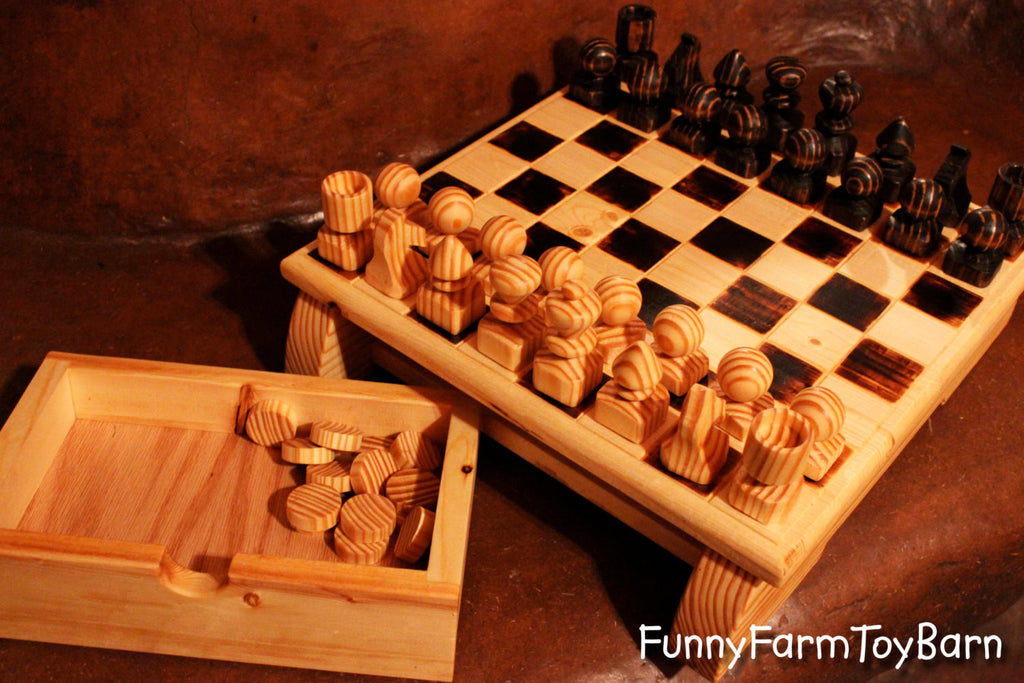 Handmade Chess Set with Heavy Board and Built-in Drawers Family Heirloom-thatfamilyshop.com