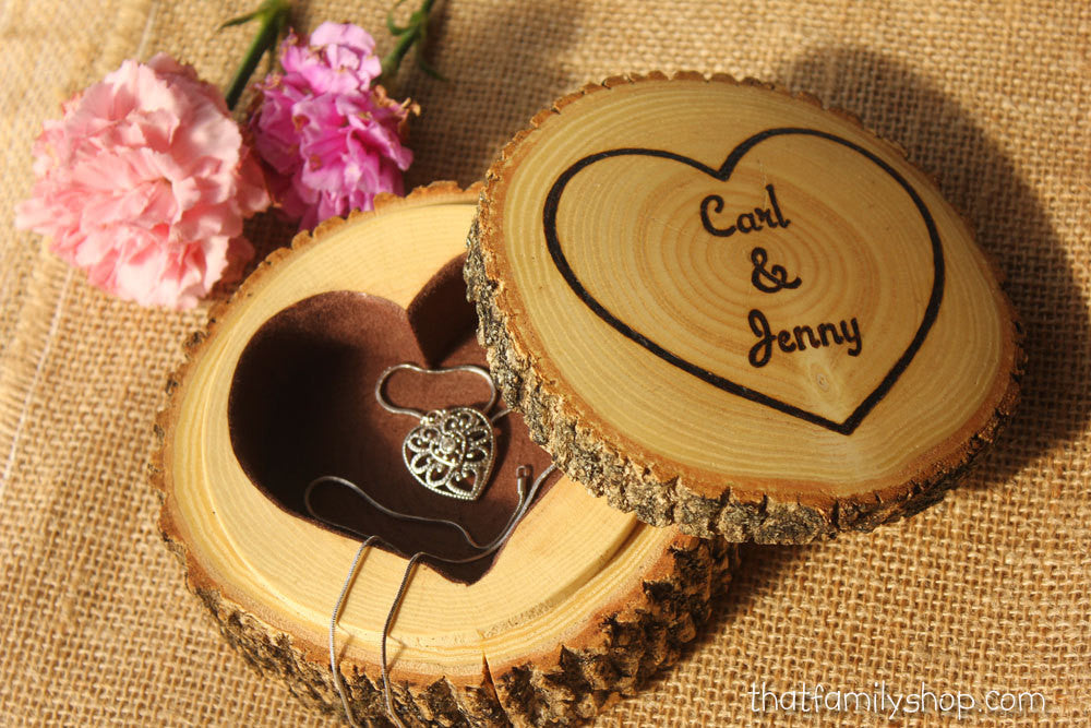 Personalized Log Jewelry Box with Felted Heart, Ring Bearer Pillow Dish with Lid Customization-thatfamilyshop.com
