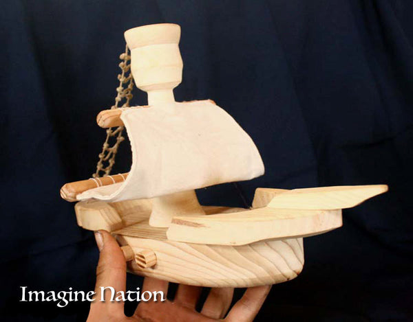 Toy Boat Children's Pirate Ship Natural Wooden Play Ladder Crows Nest Sail Sea-thatfamilyshop.com