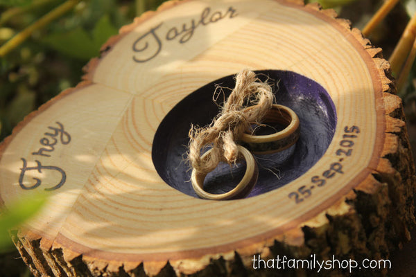 Heart-Shaped Log Slice Ring Pillow, Rustic Dish Bearer Wedding Engraved-thatfamilyshop.com
