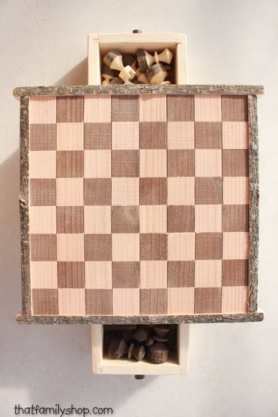 Rustic Log Chess Set with Drawers Family Heirloom Classic Game-thatfamilyshop.com