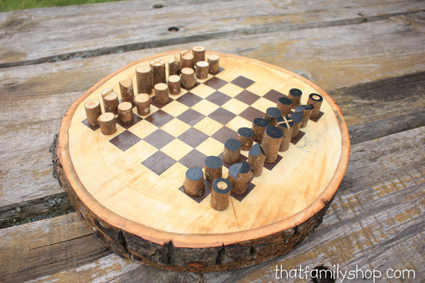Chess Board On A Log Slice With Unique Log Playing Pieces-thatfamilyshop.com