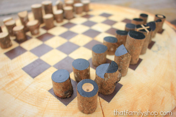 Chess Board On A Log Slice With Unique Log Playing Pieces-thatfamilyshop.com