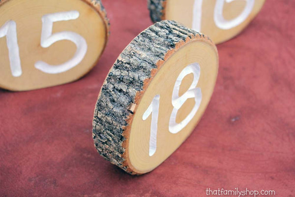 White Engraved Table Number Log Slices, Rustic Wood Bark Country Wedding Decor-thatfamilyshop.com